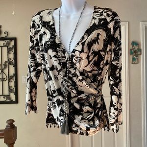 MSK wrap blouse with black tassel trim